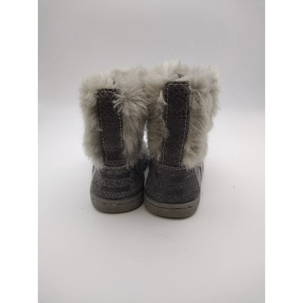 TOMS Kids Nepal Grey Suede Faux Fur Trim Winter Boots Size 5 Toddler